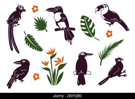 Set of birds. Bright exotic tropical birds. Macaw, Cockatoo, flamingo, toucan. Vector. Stock Vector