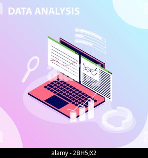 Flat isometric vector concept data analytics with holographic projection effect. Can use for web banner, infographics, and other images. Stock Vector