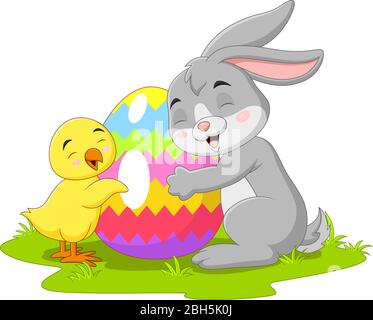 Cartoon little rabbit with chick and easter egg Stock Vector