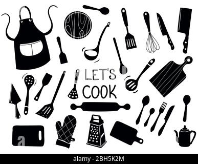 Lets Cook - Kitchen silhouette doodle vector icon set. Stock Vector