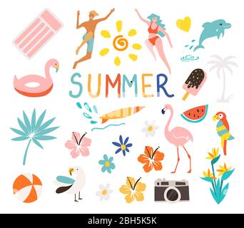 Set of vector cute summer icons: peoples swimming, flamingos, tropical flowers, ice cream, palm leaves, fruits and things for swimming at the beach . Stock Vector