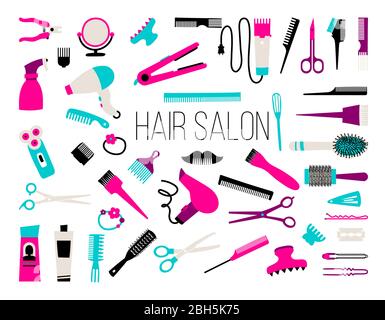 Hair cut, manicure, makeup, hair coloring, hairdressing, styling professional beauty tools and equipment big set. Beautiful fashion illustration in ha Stock Vector
