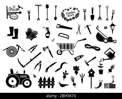 Big gardening icons set and design elements. Garden tools and decor collection, isolated vector on a white background. Stock Vector