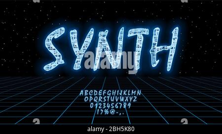 Retrofuturistic HUD blue vector font design for synthwave. English letters and numbers with hologram effect. Digital hi-tech style symbols. Typography Stock Vector