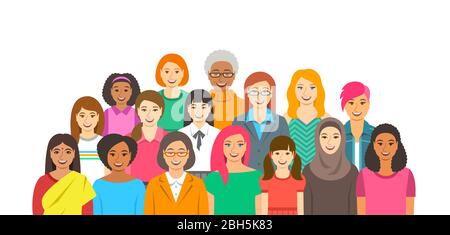 Group of women. Happy smiling female faces of different ethnicity, age and race. Horizontal flat style banner. Girl power and togetherness concept. Fe Stock Vector