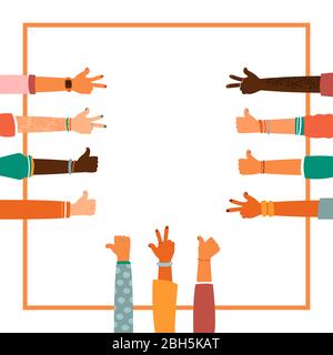 Hands together - set of different races raised up hands. The concept of education, business training, volunteering charity, party. Stock Vector