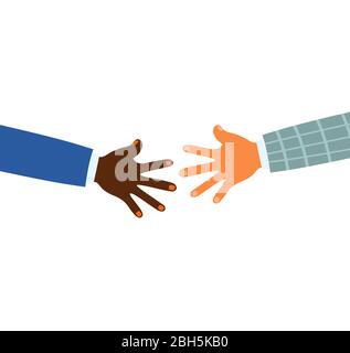 Vector illustration af two colorful hands reaching for each other on white background. Stock Vector