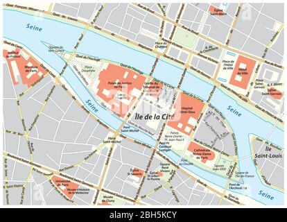 Vector street map of Ile de la Cite in Paris, France Stock Vector