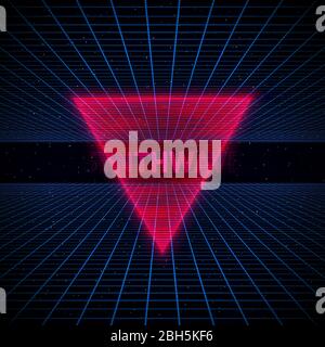 Retrofuturistic red hologram reiangle, HUD element on dark starry space background with blue laser grids. Stock Vector