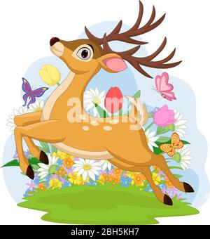 Funny dear jumping with flowers in the background Stock Vector