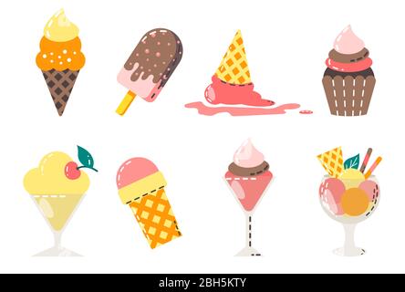 Collection of vector ice cream and sweet dessert illustrations isolated on white. Stock Vector