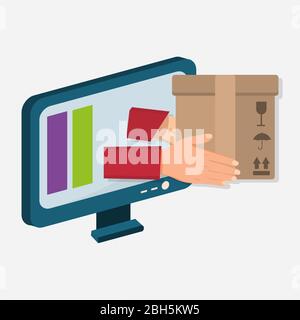 hand with cardboard come out from monitor for online delivery service concept vector illustration Stock Vector