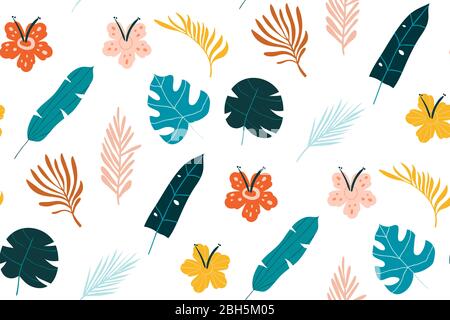 Vector set pattern of tropical leaves and flower. Pattern isolated elements on the white background. Stock Vector