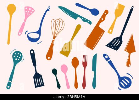 Colorful sets of silhouette kitchen tools: spade, ladle, knife, spoon, fork, spatula, knead, icon for cooking and dinning, create by vector Stock Vector
