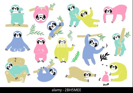 Sloth on branch. Cute little kid sleepy animal on branch in zoo playing with baby hanging vector characters cartoon. Hand drawn collection of funny sl Stock Vector