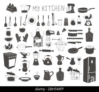Kitchen silhouette doodle vector icon set. Stock Vector