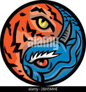 Mascot icon illustration of dragon and tiger eye inside yin yang symbol shape viewed from front set inside circle on isolated background in retro styl Stock Vector