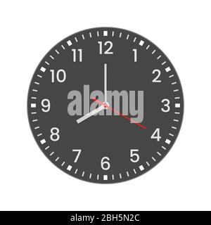 Realistic clock face with minute, hour numbers and second hand. Red center. Symbol watch isolated on white, to use for web and mobile UI. EPS 10 Stock Vector
