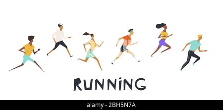 Large collection of running people. Set vector illustration. Stock Vector