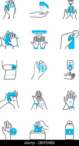 hands and hand hygiene icon set over white background, half color half line style, vector illustration Stock Vector