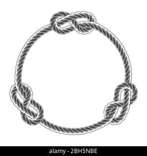 Rope circle frame with knots, simple style line rope, marine border Stock Vector