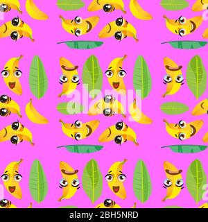 Cute seamless pattern with cartoon emoji fruits on pink background Stock Vector