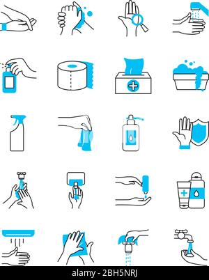 tissues box and hand hygiene icon set over white background, half color half line style, vector illustration Stock Vector