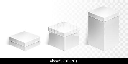 Set of three boxes over white background. Cardboard background for retail, white box container template, vector illustration. Stock Vector