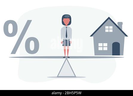 Percentage symbol icon and house scale in equal position. financial management concept depicts short term borrowing for a residence. Stock Vector