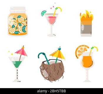 Set of hand drawn drinks, cocktails for summer holiday and beach party. Vector set. Stock Vector