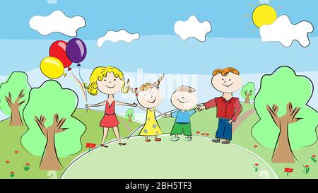 A family of four plays on the street. Parents with children play in the park. Family hold hands. Stock Vector