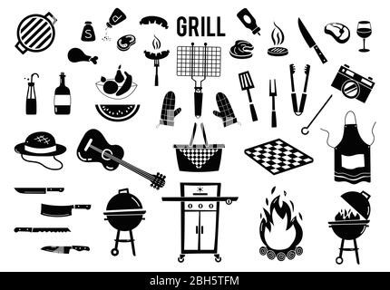 Summer, spring barbecue grill and picnic icons set. Collection grill tools, party items, decorations. Vector isolated on white background. Stock Vector