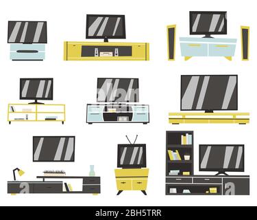 Modern TV table stand with glass shelves. Vector Tv Stands furniture icon set. Stock Vector