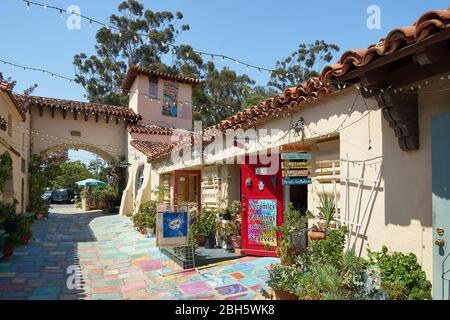 The Spanish Village Art Center in San Diego has many craft shops and galleries, and has colorful tile mosaic plaza with Spanish style architecture. Stock Photo