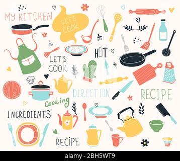 Kitchen doodle vector icon set. For modern recipe card template set for cookbook. Menu creator. Stock Vector