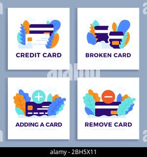 Set Credit Card Vector stock illustration for landing page or presentation. Plus, minus button, new and broken card Stock Vector