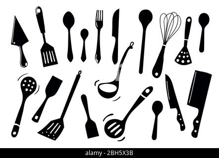 black and white silhouette doodle vector icon set. Stock Vector