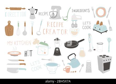 Kitchen doodle vector icon set. For modern recipe card template set for cookbook. Stock Vector