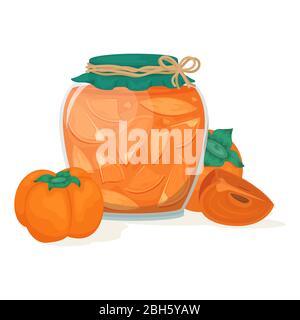 Delicious persimmon jam in a beautiful jar. Vector illustration. Dessert. Stock Vector