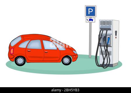 Red electric car in the charger station isolated on white background. Eco transportation concept. Electric battery charger and road sign. Stock vector Stock Vector