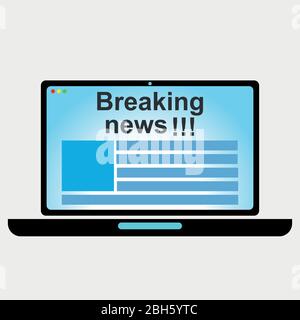 Laptop with online breaking news on the screen. Flat vector illustration. Stock Vector