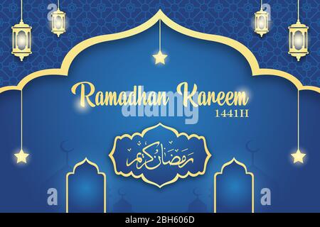 Ramadan Kareem vector, illustration of Arabic lantern and yellow Arabic calligraphy ramadan kareem, on blue gradient backgroud and islamic pattern. Stock Vector