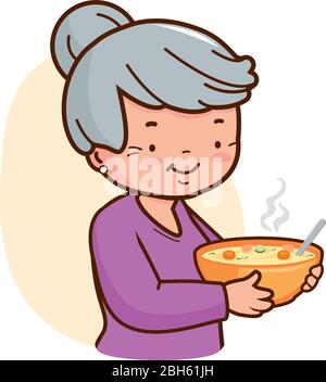 Grandma holding a bowl of soup. Vector illustration Stock Vector