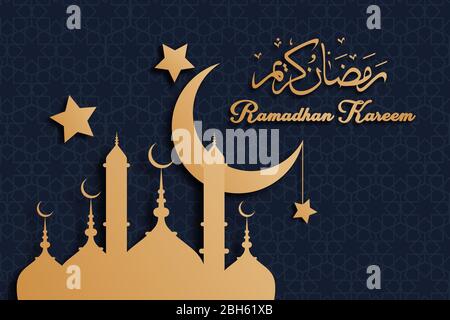 Ramadan Kareem with silhouette of the mosque and moon on it in orange,on blue background with islamic geometric pattern Stock Vector