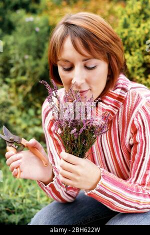 Attractive woman cutting lavender plant