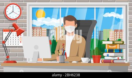 Freelancer or remote worker on quarantine. Man in medical mask working on his computer at desktop. Office personal work at home to avoid disease of coronavirus covid-19 ncov. Flat vector illustration Stock Vector