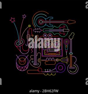 Neon colors isolated on a black background Old Tape Recorder and Musical Instruments vector illustration Stock Vector