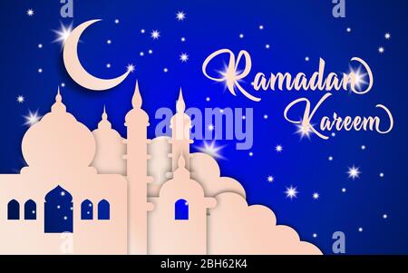 Ramadan kareem vector, moon illustration and pink mosque with gradient, on a starry blue background. Stock Vector