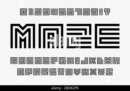 Linear labyrinth letters and numbers set. Line maze style alphabet. Contout geometric font, type for lineart logo and monogram concept. Outline vector Stock Vector