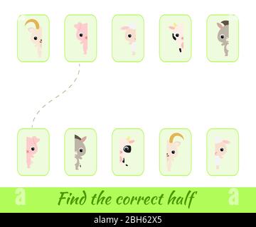 Clip cards game template find correct halves. Matching game for children. Educational activity for preschool years kids and toddlers Stock Vector